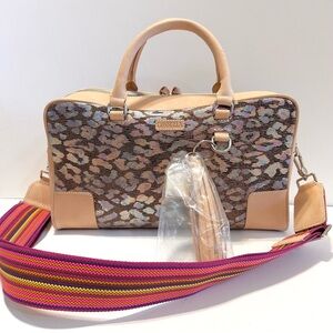 NWT Consuela Iris Leather Leopard  Satchel with Bright Multi-Stripe Strap